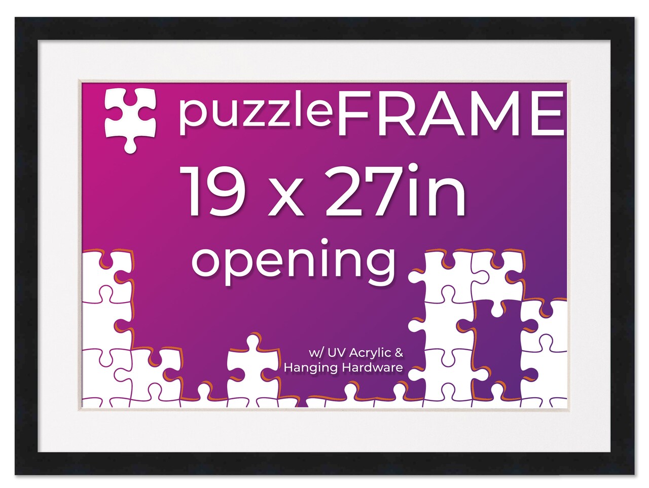 19x27 Jigsaw Puzzle Frame Kit - Kit Includes Puzzle Glue Sheets, Black Wood Puzzle Frame with White Mat, UV Acrylic, Backing,, Hanging Hardware